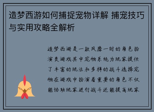 造梦西游如何捕捉宠物详解 捕宠技巧与实用攻略全解析